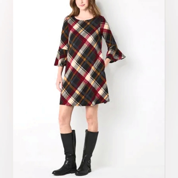 Jessica Howard Multicolor Plaid Dress with Bell Sleeves, Size Medium - Picture 1 of 10